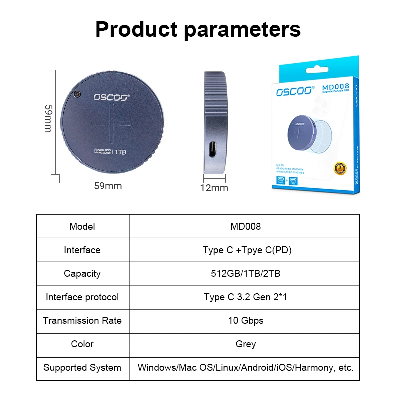 Imagem -06 - Oscoo-ssd Magnético Externo Portátil 512gb 1tb M.2 2242 Pcie3.0 tipo c Usb 3.2 Gen2 x Iphone 15pro Max pd 100w