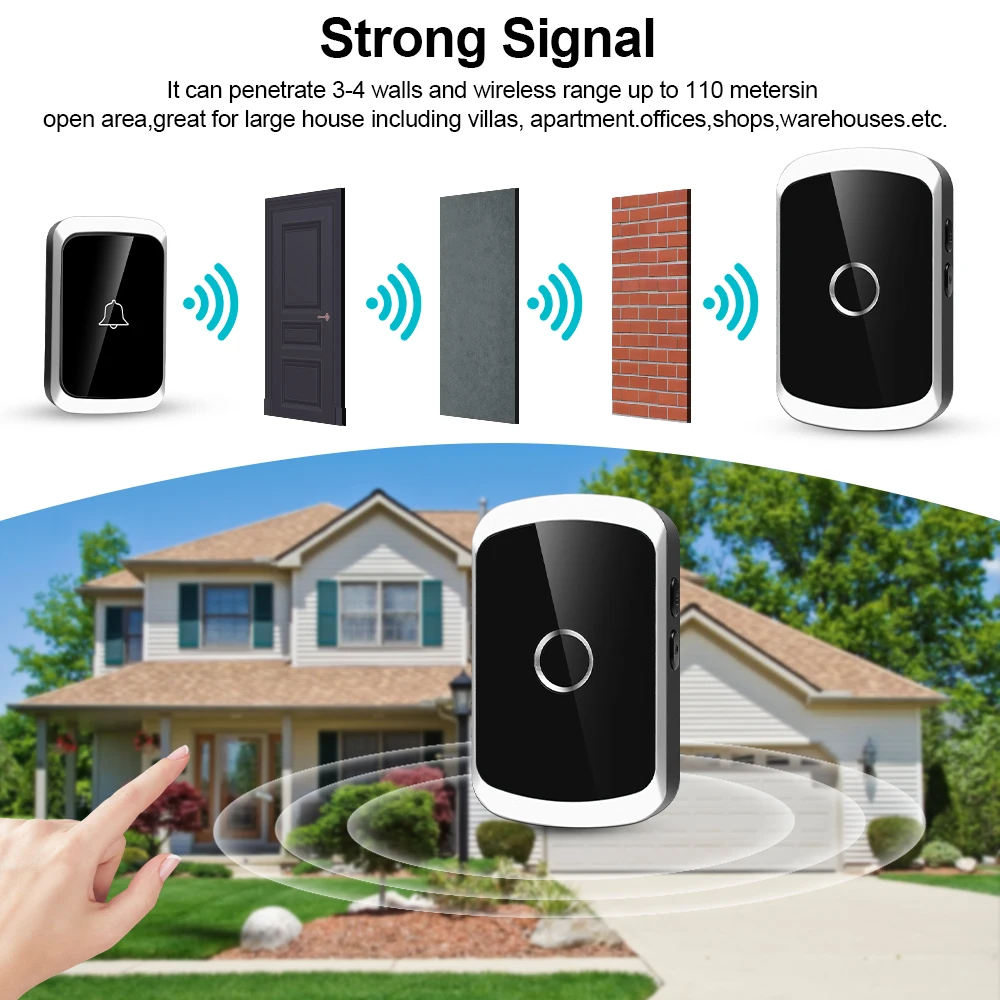 Wireless Doorbell Home Welcome Smart Door Bell 300M/1000Ft Range 36 Songs 5-Adjustable Volume with Flash Led Door Bell Chimes