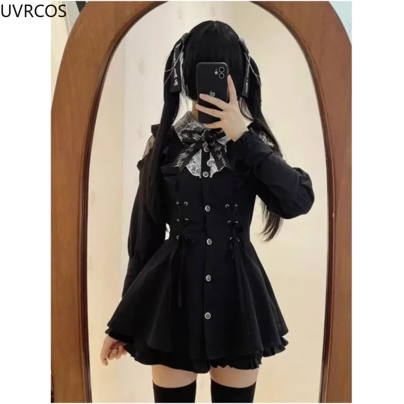 Gothic Y2k Vintage Lolita Style Shirt Dress Women Sweet Lace Patchwork Bow Slim Bandage Dresses Cute Ruffles Fashion Party Dress