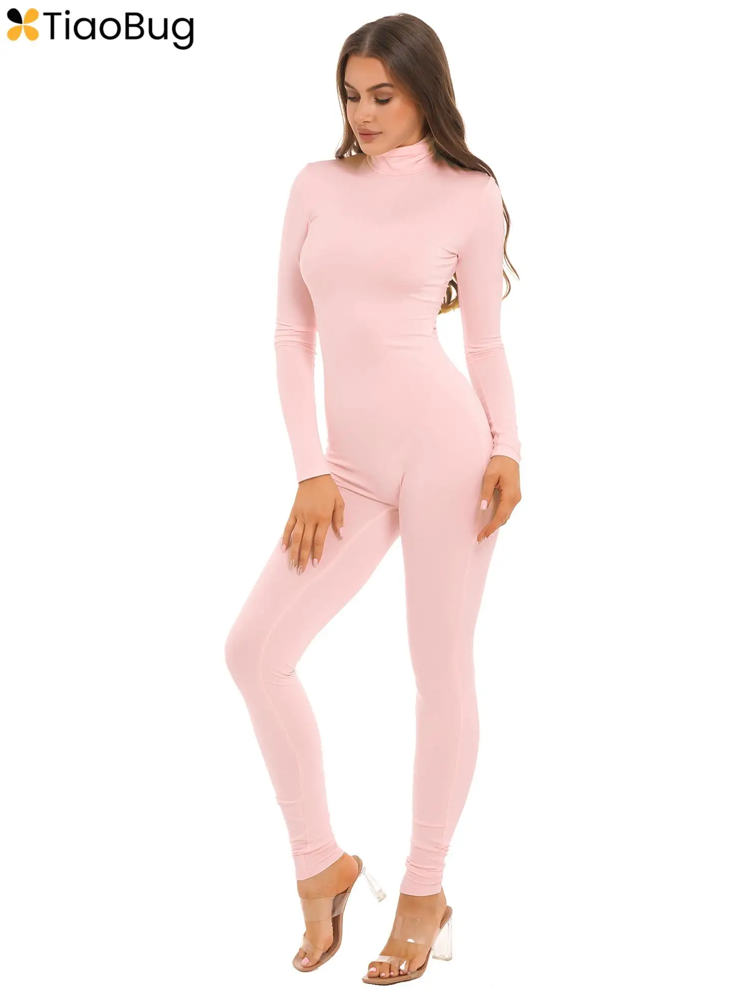 Women's Long Sleeve Turtleneck Jumpsuit One Piece Bodycon Sport Yoga Fitness Bodysuit Romper Party Pole Dance Leotard Clubwear