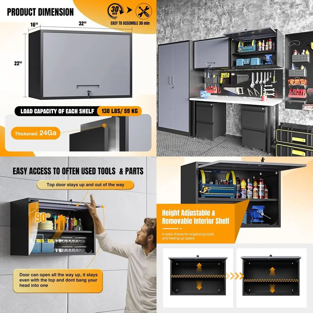 

Garage Wall-Mounted Metal Storage Cabinet with Adjustable Shelves for Tools and Gearbox