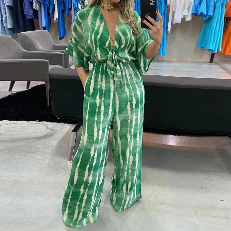 

Summer Printing Jumpsuit Romper For Women Fashion Dolman Sleeves V Neck Lace Up High Waist Loose Wide Legs Jumpsuits Streetwear