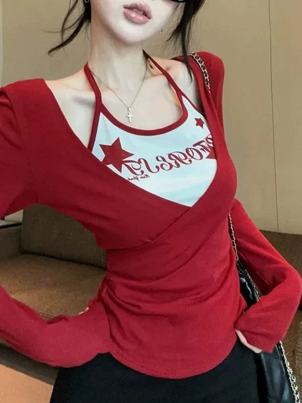 Retro American Red Cross V-neck Long Sleeve T-shirt Women's Autumn New Spicy Girl Print Fake Two-piece Top Korean Style Commute