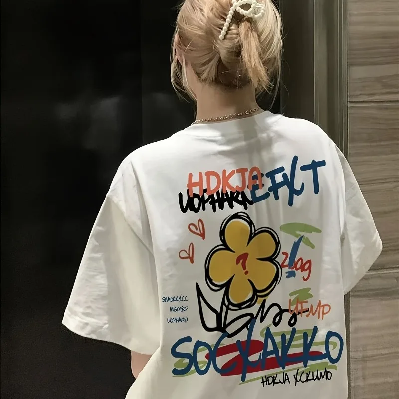 

Women's Fashion Commuter T-shirt Casual Round Neck Short Sleeve Bright Flower and Text Design Lightweight Pattern T-shirt