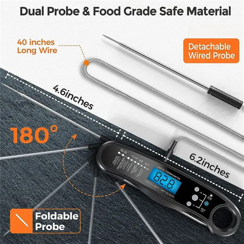 ABUN Kitchen Digital Food Thermometer Instant Read, Dual Probe for Cooking BBQ, Fast Precise with Backlight, for Meat Baking