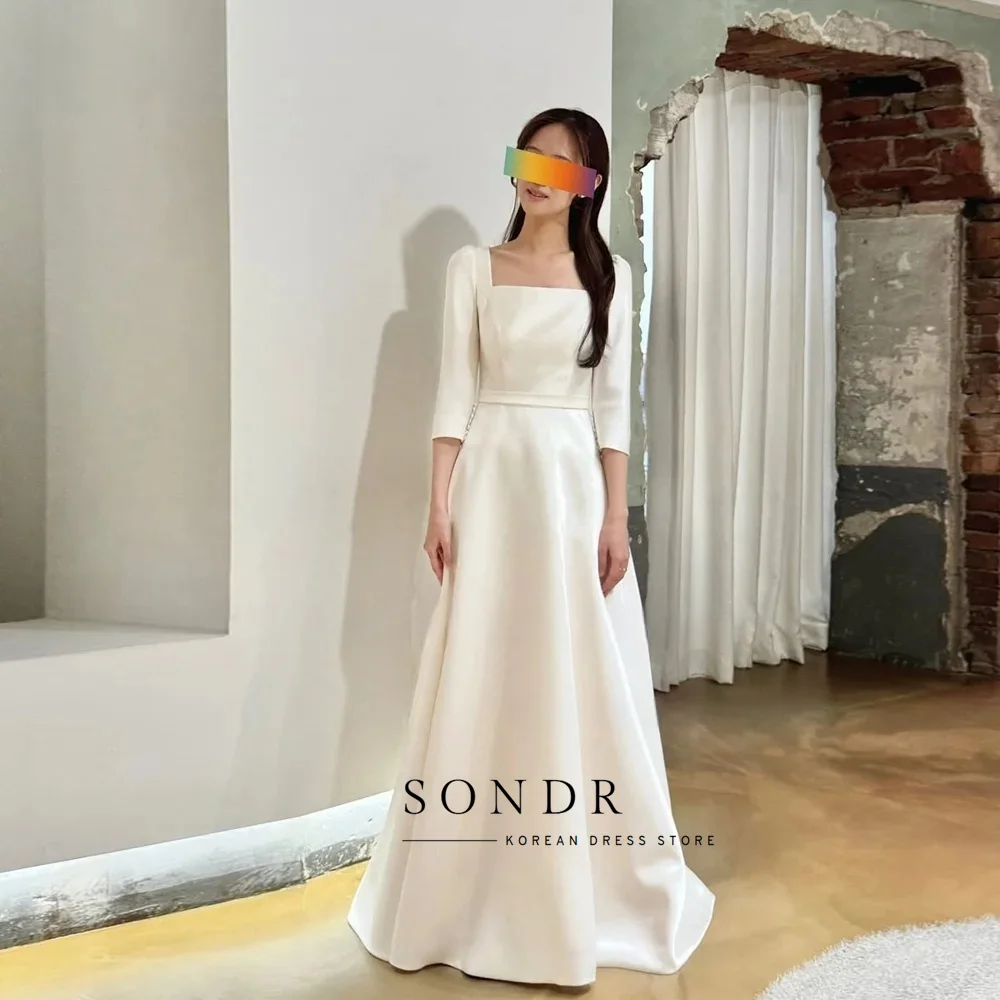 Sondr personnalisé col carré demi manches robes de mariée coréennes une ligne Satin mariée Photo Shoot robe pour auto-mariage 2026