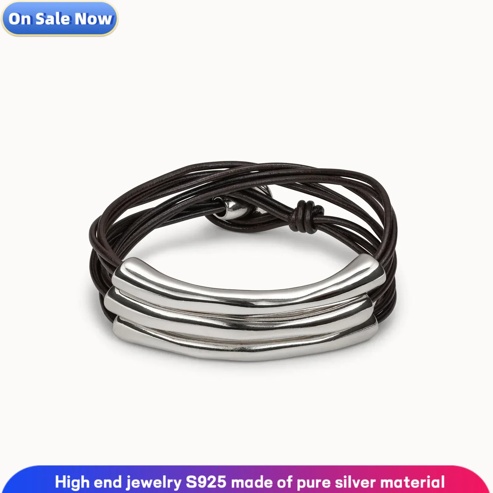 

S925 Sterling Silver New Women's Multi-layer Gold Tube Bracelet Leather High-quality Gift, Jewelry Style