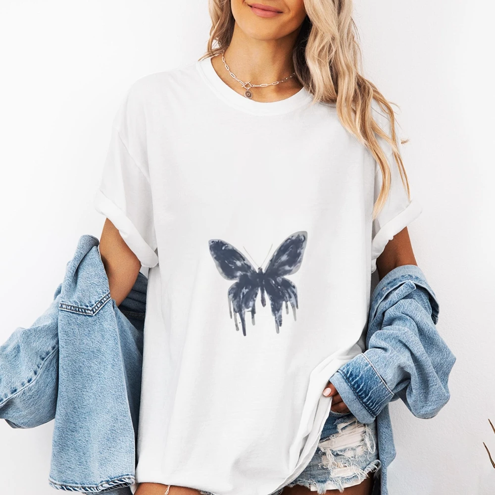 

Женская футболка большого размера с синим принтом бабочки Y2k, новинка 2025, хлопковая футболка с рисунком океана, летний повседневный стиль прибрежной мечты