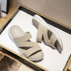 Slippers Women's Summer Outwear 2026 New Flat Slope Heel Fashion Knitted Lightweight Beach Slippers Women Sandals Ladies Shoes