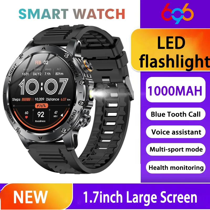 

Смарт-часы для спорта на открытом воздухе, фонарик SOS, часы с синим зубом, пульс, погода, музыка, водонепроницаемые умные часы, голосовой помощник