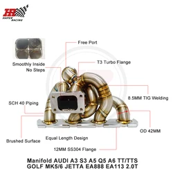 HP RACING T3 Turbo SS304 3mm Thick Manifold For A3 S3 A5 Q5 A6 TT/TTS GO LF MK5/6 JET TA EA888 EA113 2.0T