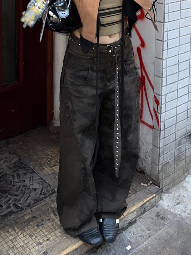 

Американские джинсы с двойной талией в стиле High Street, женские, летние, новинка, камуфляжные, широкие, в пол, для дерзких девушек