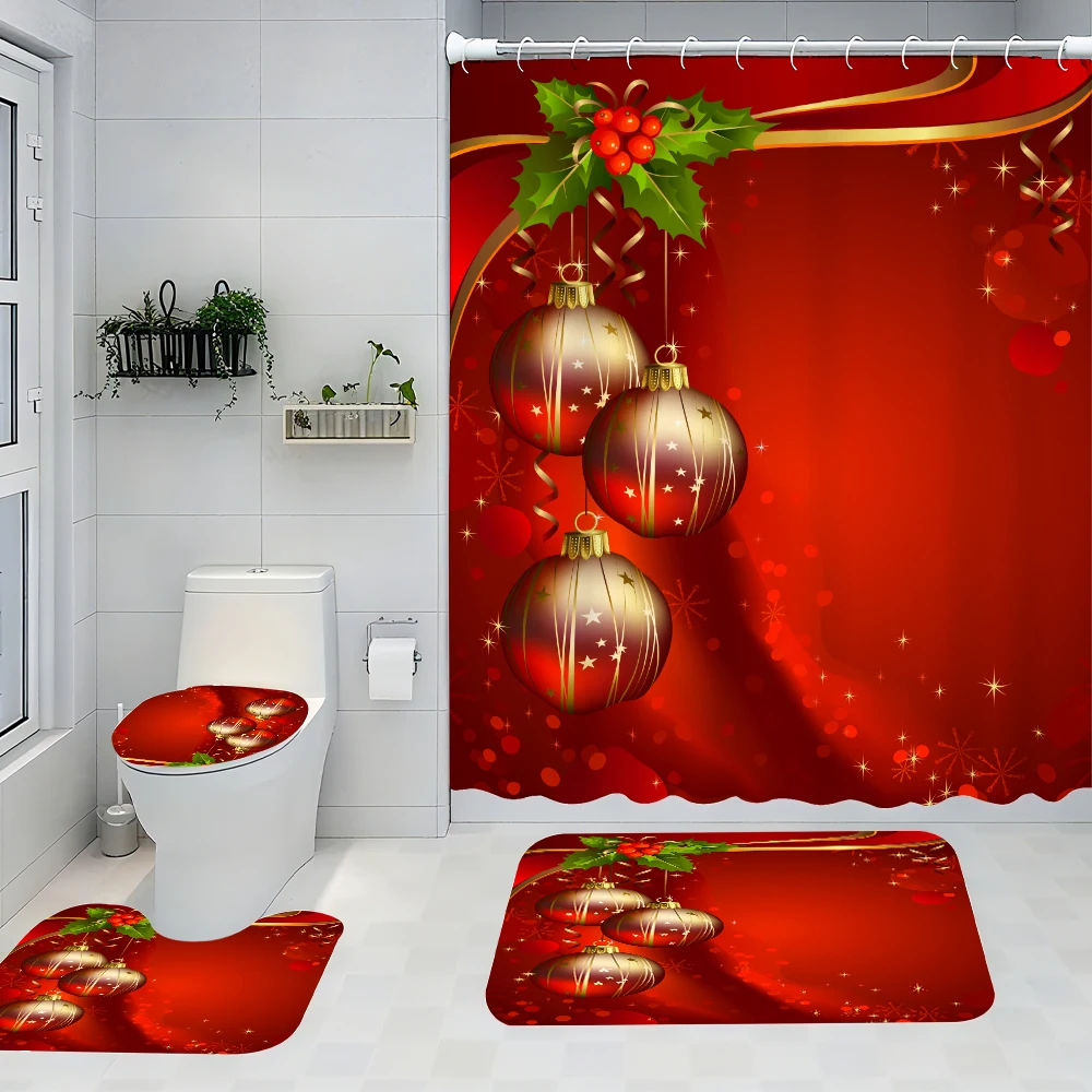 

4pc Christmas shower curtain, 2D Flat Printing. Bathroom partition curtain, home decoration, modern home curtain installation