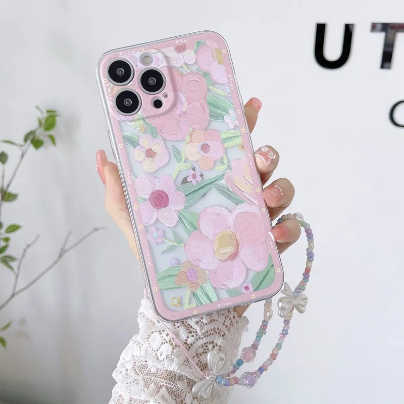 Flowers Pearl Chain Rope Soft Silicone Phone Case For Xiaomi Redmi Note 11 10 11S 10S 9S 7 8 9 Pro Max 9C 9T 9A 10A 10C 12 Cover