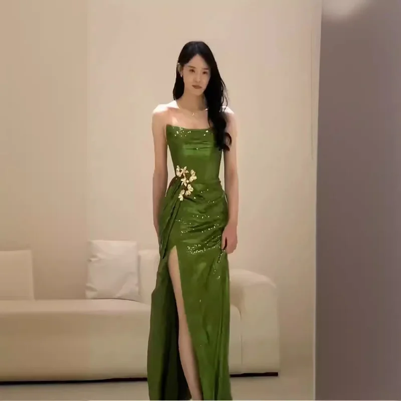 New Chinese Style Green Sequined Morning Gowns Evening Dress 2024 New Bridal Toast Dress Tube Top Birthday Trailing Little Dress