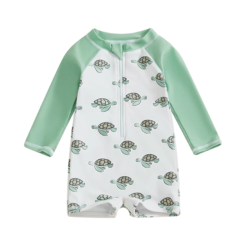 

Toddler Boys Rash Guard Swimsuit Turtle Coconut Tree Sailboat Print Long Sleeve Mock Neck Zip Bathing Suit