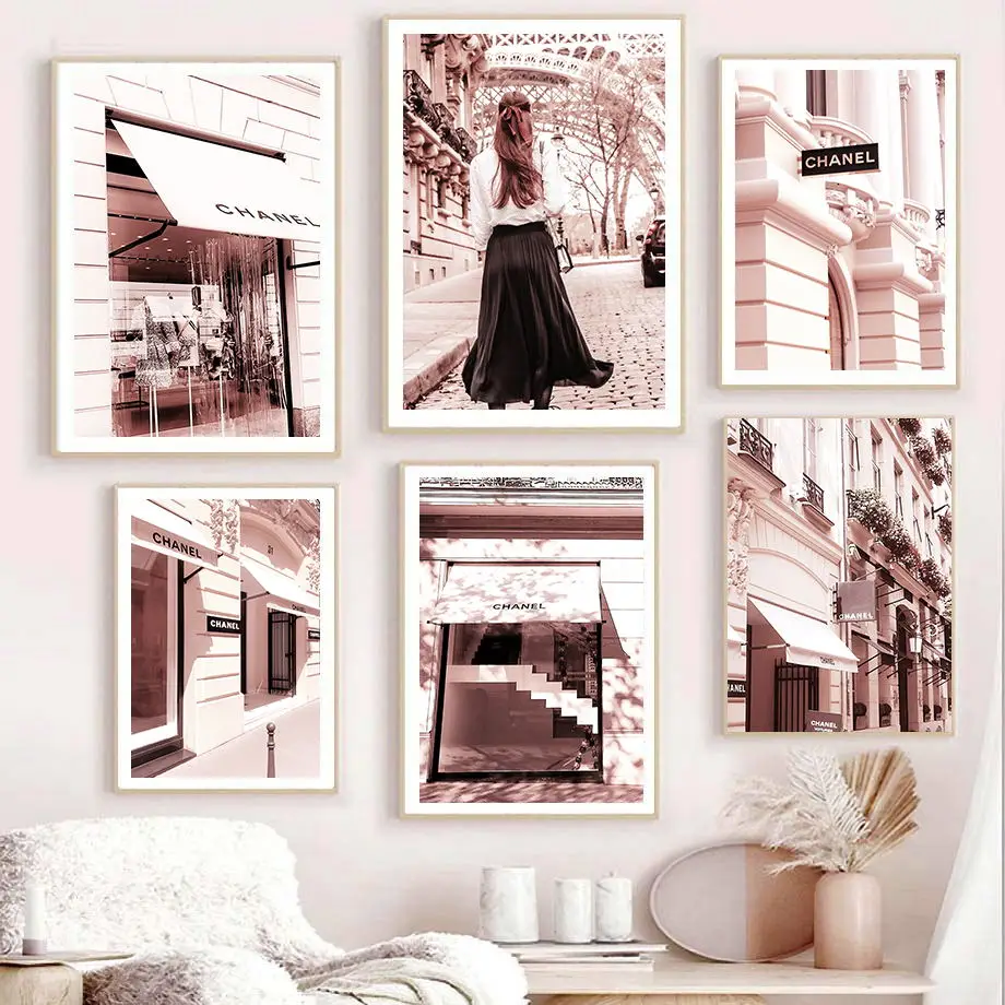 Paris Tower Street Luxury Stores Pink Fashion Posters Nordic Wall Art Print Canvas Painting Pictures For Bedroom Girl Room Decor