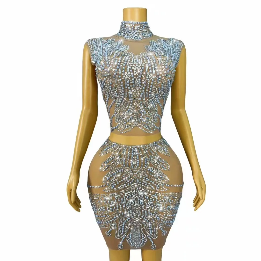 Women Sparkly Crystals Top Short Skirt Two Pieces Sexy Mesh Transparent Celebrate Evening Prom Birthday Dress Show Stage Wear