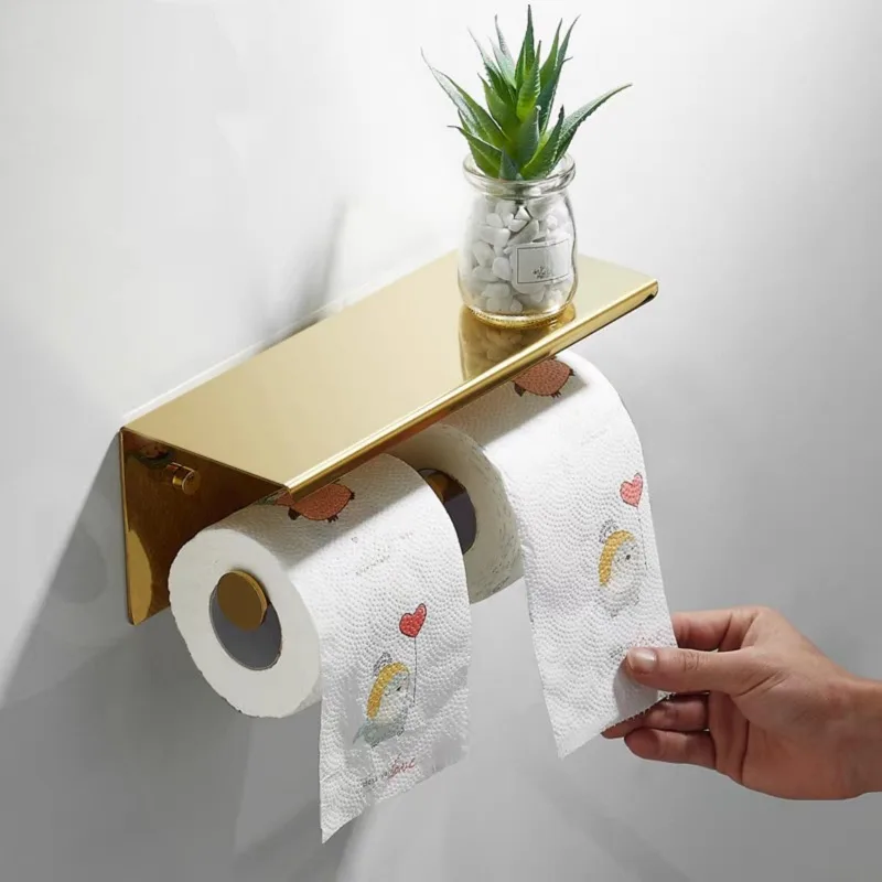 

Golden Modern Wall Mounted Toilet Paper Holder Stainless Steel Double Roll Tissue Holder Bathroom Paper Roll Storage Rack Hotel