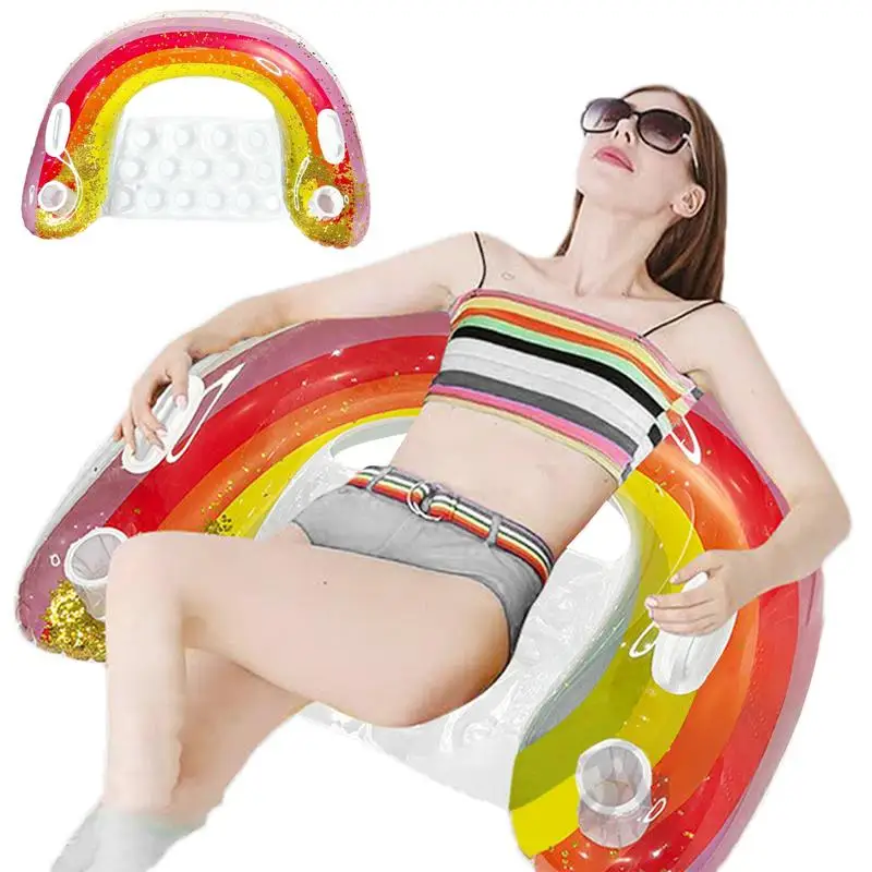 

Rainbow Pool Float Inflatable Pool Sofa Float Sequin Design Floating Water Raft For Adult Floats With 2-Cupholder And 2-handle