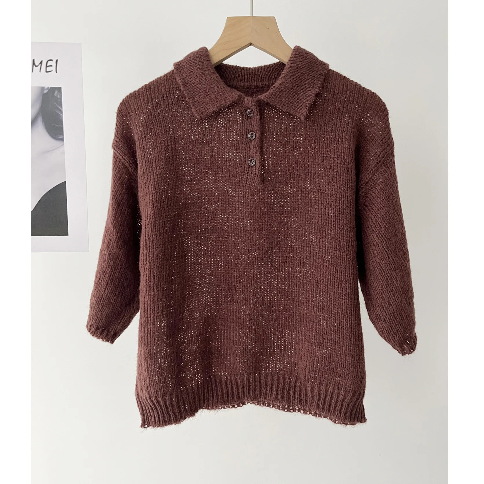 

Женский мягкий восковой универсальный вязаный свитер с воротником-поло и коротким рукавом, осень и зима 16a-1890