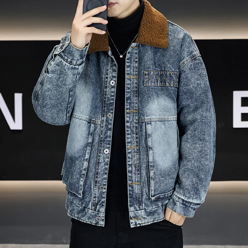 Jaket Denim Lapis Sherpa Fleece Musim Gugur Musim Dingin 2025 Pria Kasual Tebal Mantel Jeans Streetwear Koboi Bulu Hangat Atasan Pakaian