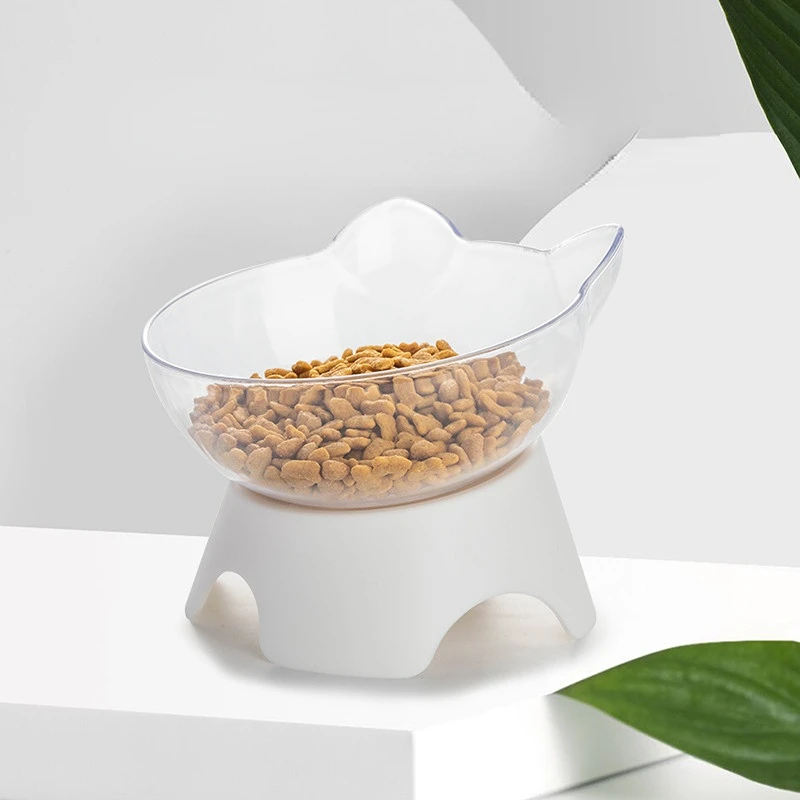 Cat Raised Stand Feeding Bowl Transparent Plastic Pet Food Water Feeder Bowl 15 Degree Tilted Design Neck Guard for Cats Dogs