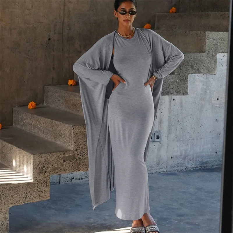 Women Grey Sleeveless Dress Long Cardigan 2 Piece Set 2025 Spring Summer O-Neck Straight Dresses and Robe Suit