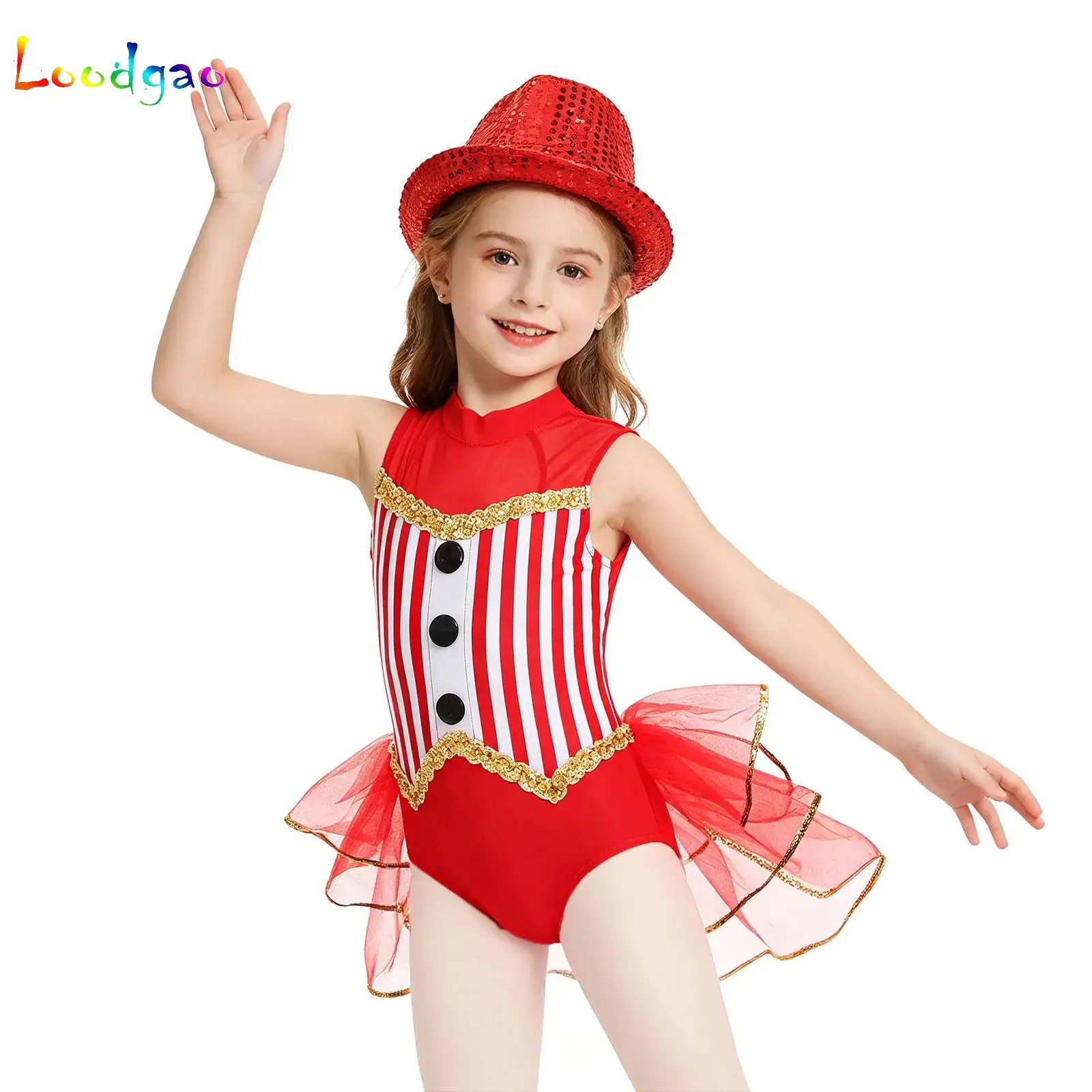 

Kids Girls Gymnastic Leotard Ballet Dance Costume Striped Leotard Tulle Skirted Bodysuit Ballerina Performance Dresses with Hats