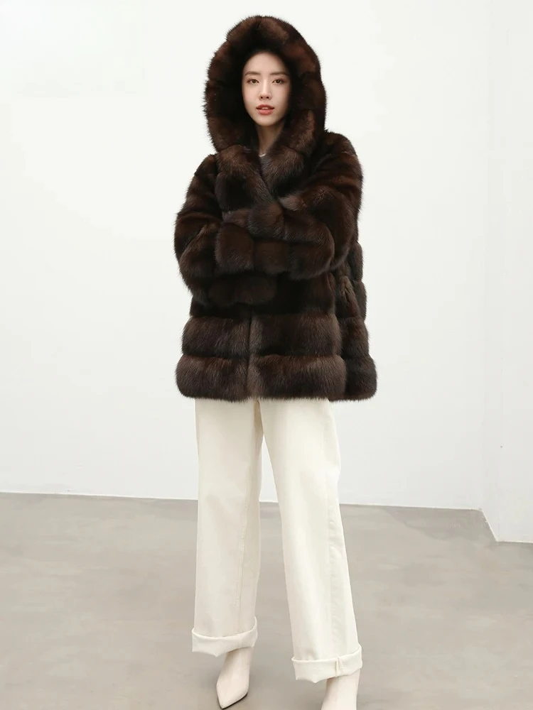 秋冬フェイクセーブルファーコート エレガントラグジュアリーシック 厚手 暖かい ソフト レディース フード付き 高品質 ふわふわジャケット パーカー