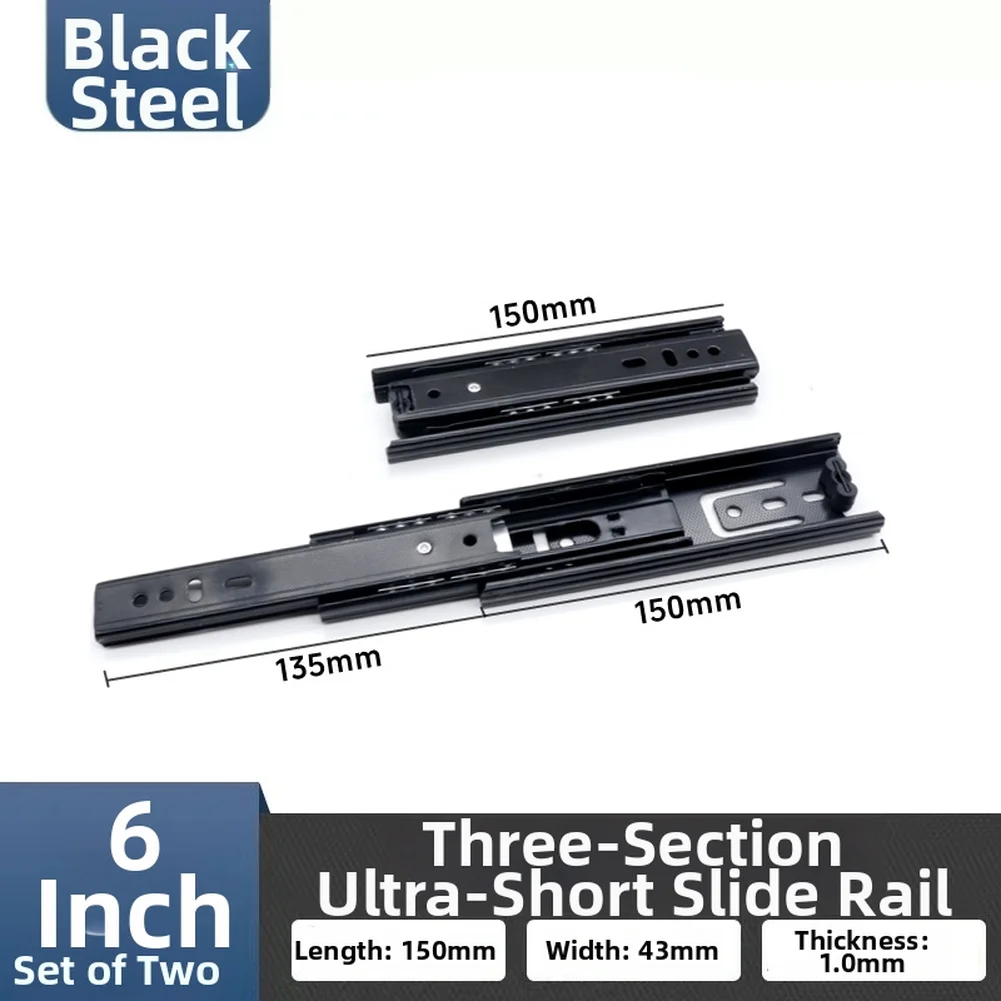 Silent Ball Bearing 3 Section Drawer Slides for Cabinets and Keyboard Trays 4 inch 6 inch 8 inch 14 inch Black
