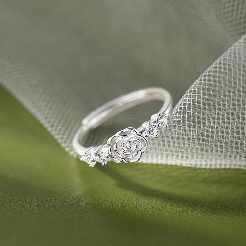 

925 Sterling Silver Delicate Camellia Rose Plant Zircon Adjustable Opening Rings for Women Fine Jewelry Minimalist Accessories