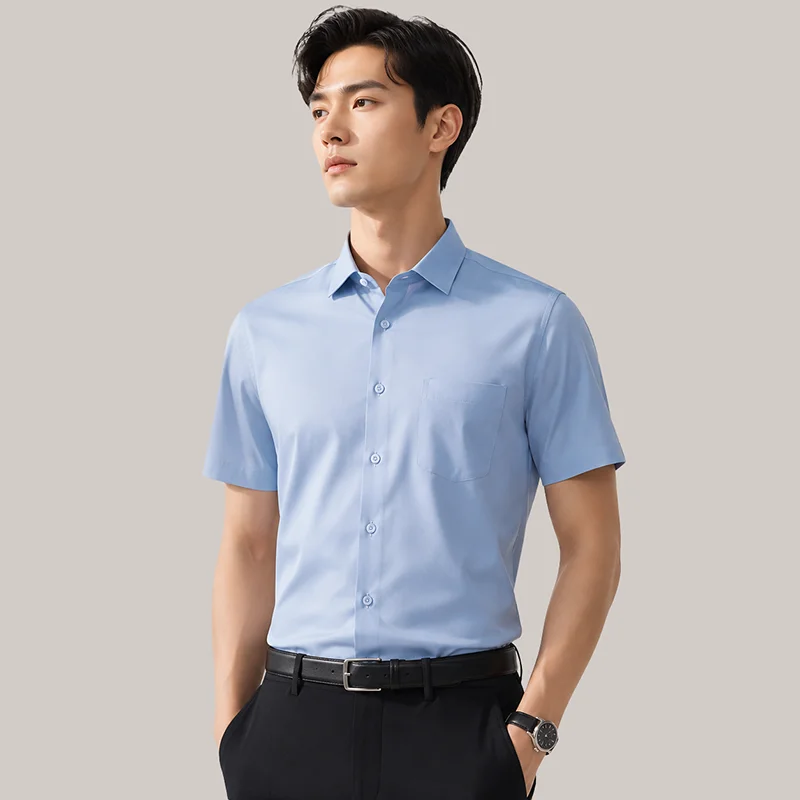 High Quality Summer Men's Short Sleeved Solid Color Shirts Anti-wrinkle Non-ironing Slim Fashion Casual Business Office Blouses