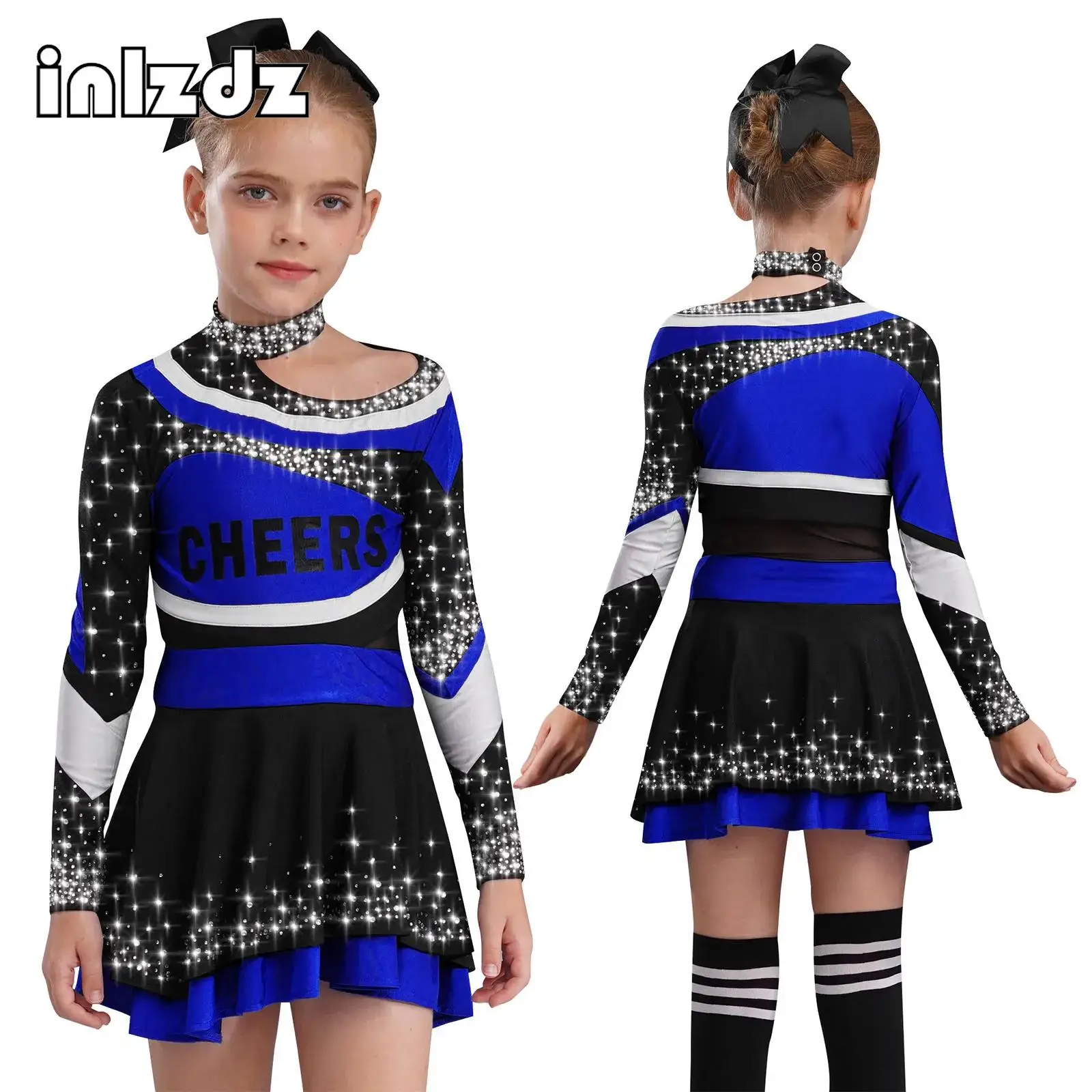 

Kids Girl Cheerleading Costume High School Stage Performance Dancewear Long Sleeve Rhinestones Top+Skirt Set for Halloween Party