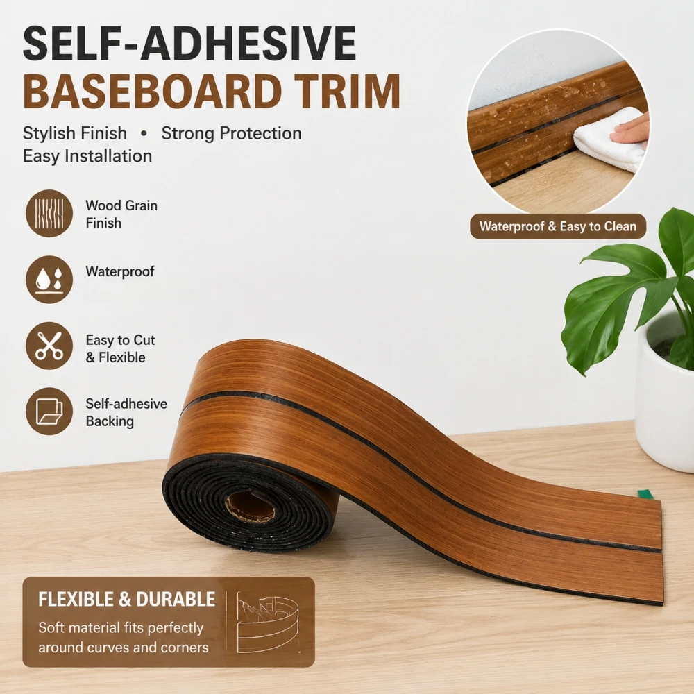 1roll 3metersX8cm Self-adhesive decorative wall sticker，Wood Grain PVC Peel & Stick Skirting Board, for Home Floor Decoration