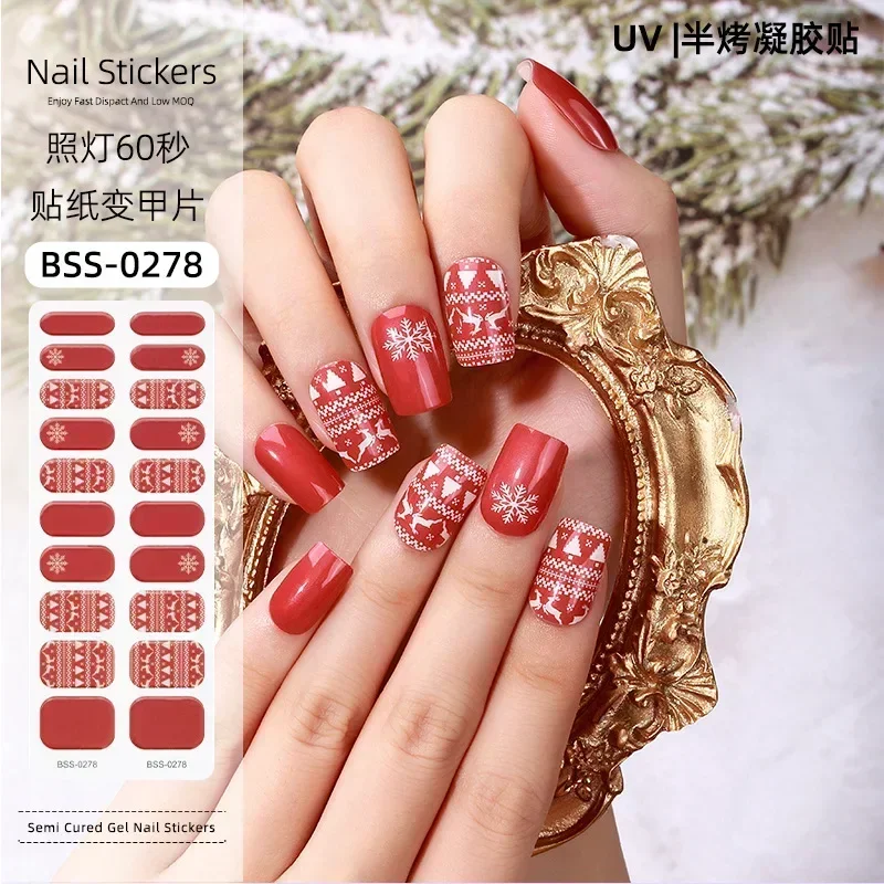 2024 Kerst Ontwerp Semi-Cured Uv Gel Nagel Stickers Volledige Zelfklevende Waterdichte Langdurige Gel Nail Wraps Franse Manicure