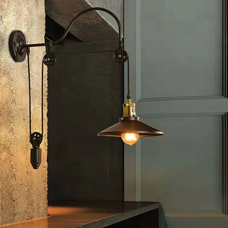 American Vintage Industrial Style Wall Lamps Aisle Corridor Wrought Iron Headboard Stairs Bar LED Sconces Pulley Art Ornaments