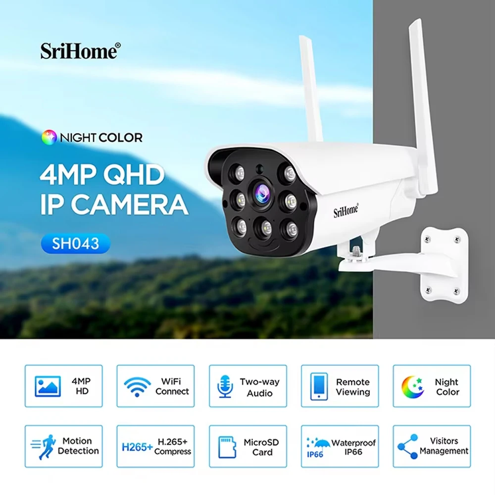 srihome camera de seguranca ip 4mp sh043 wi fi audio bidirecional h265 onvif bala de metal cor visao noturna seguranca em casa 01