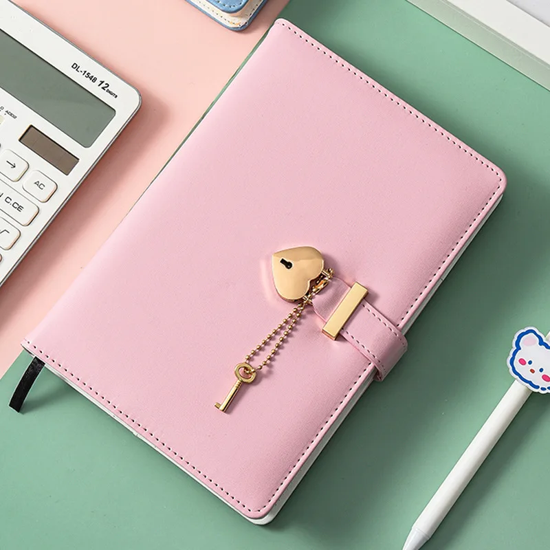 A5 Pink Password Book with Lock Notebook Thickened Notepad Creative Heart-shaped Latch Cute Girls Love Lock Diary