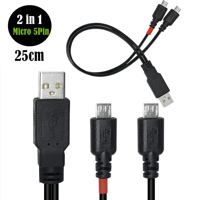 

25 см 2-в-1 USB 2.0 A штекер на 2 * Micro 5-контактный штекер Android-телефон 1/2 кабель для зарядки данных