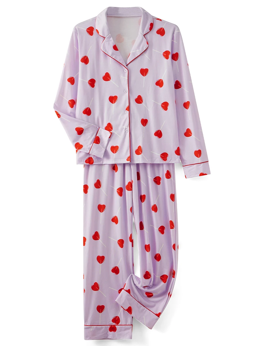 Valentine s Day Women s Pajama Set with Heart and Floral Print Button-up Long Sleeve Tops and Long Pants 2-Piece Loungewear