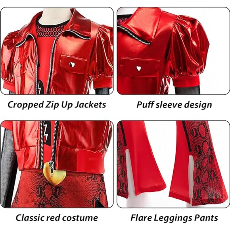 멋진 소녀들을 위한 레드 재킷+프린트 탑+팬츠 세트 (가발 포함) - 라이즈 레드 프린세스 생일 파티, 할로윈, 크리스마스 드레스업 (4-10세)