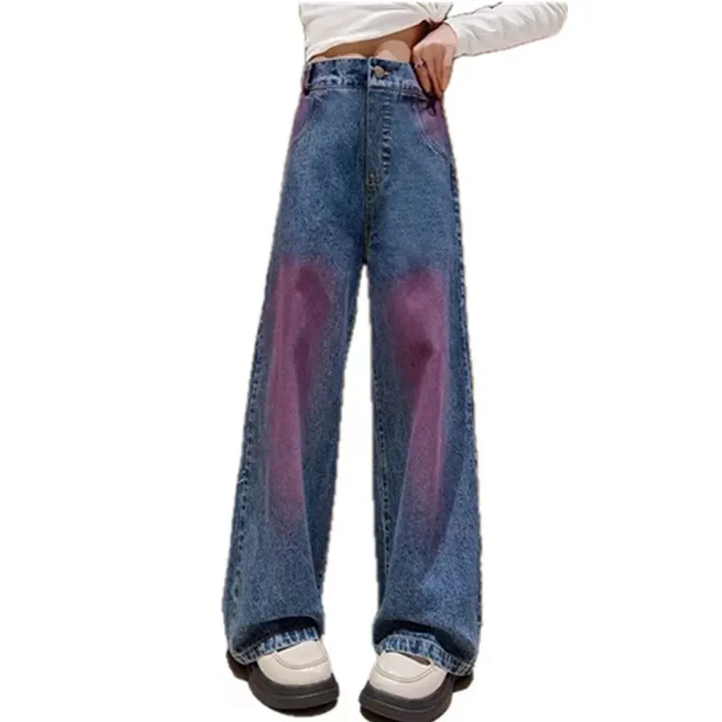 Spring Autumn New Arrivals Kids Straight Jeans Purple Paint Spraying  Denim Pants Girls Clothes Children Elastic Waist Trousers