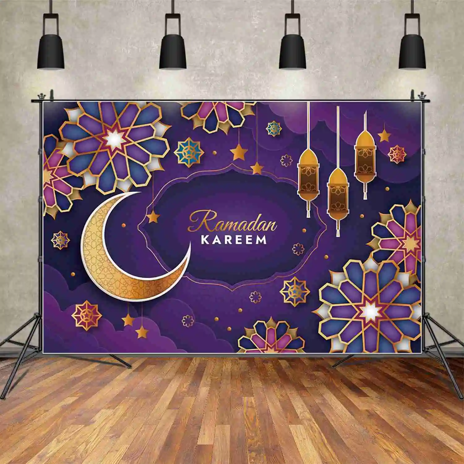 MOON.QG 2025 عيد الفطر رمضان مبارك خلفية ديكور الحفلات الإسلامية خلفية أزرق أرجواني المنزل استوديو الصور راية الدعائم