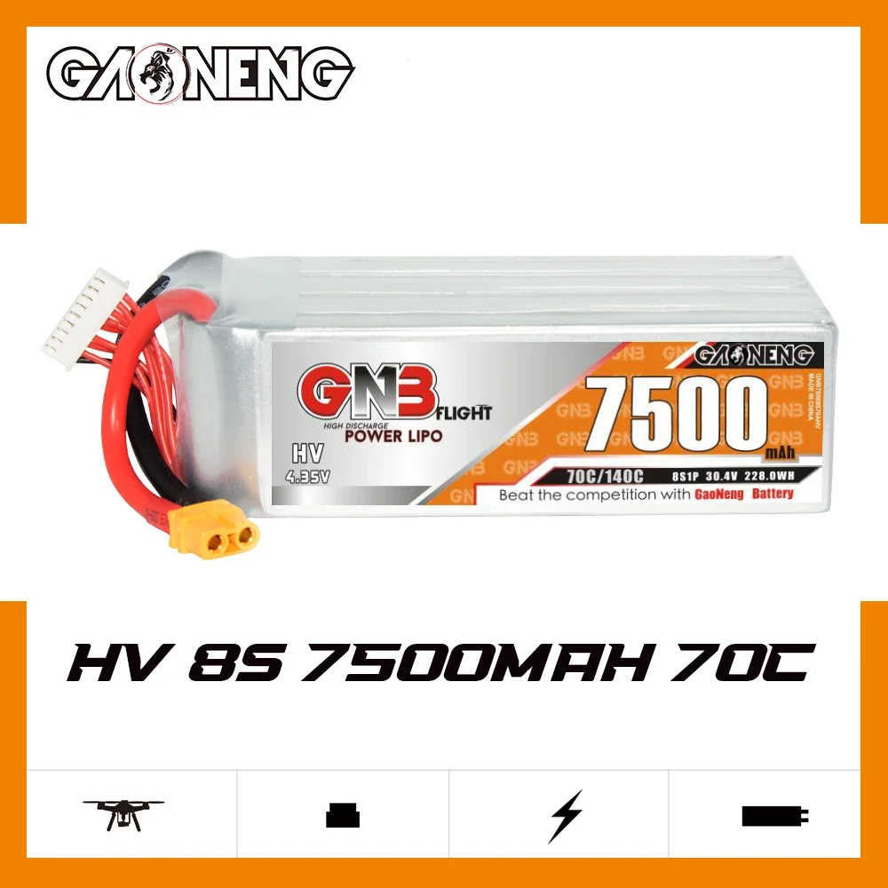 

GAONENG GNB 7500mAh HV 8S 70C 140C 30.4V XT60 LiPo Battery 10inch Xclass FPV 1/7 1/8 scale vehicles FMS EDF Jets and 3D Plane