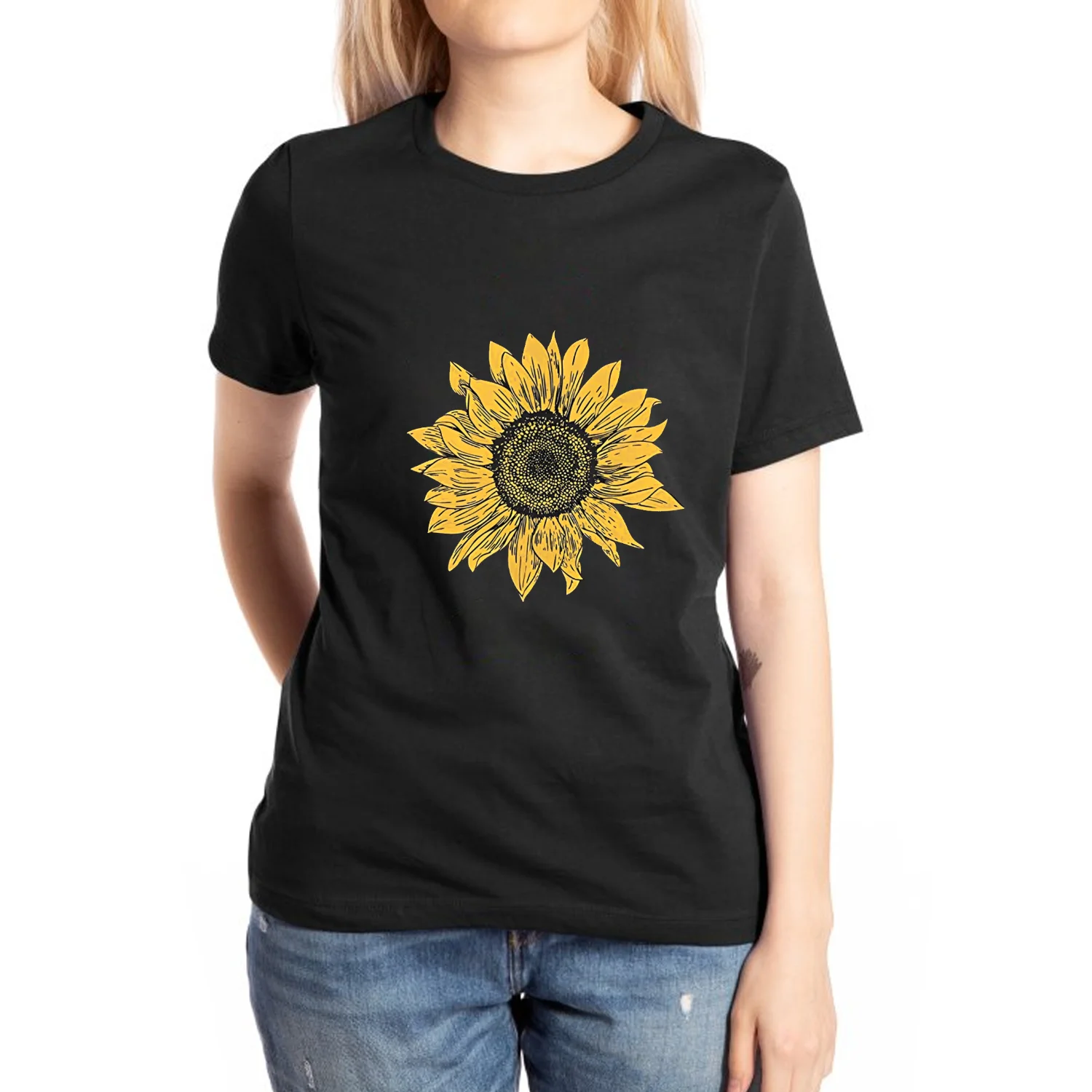 

100% Cotton Sunflower Print Women's T-Shirt Oversized Crew Neck Loose Short Sleeve Trend Design Casual Top Summer Must-Have Tee