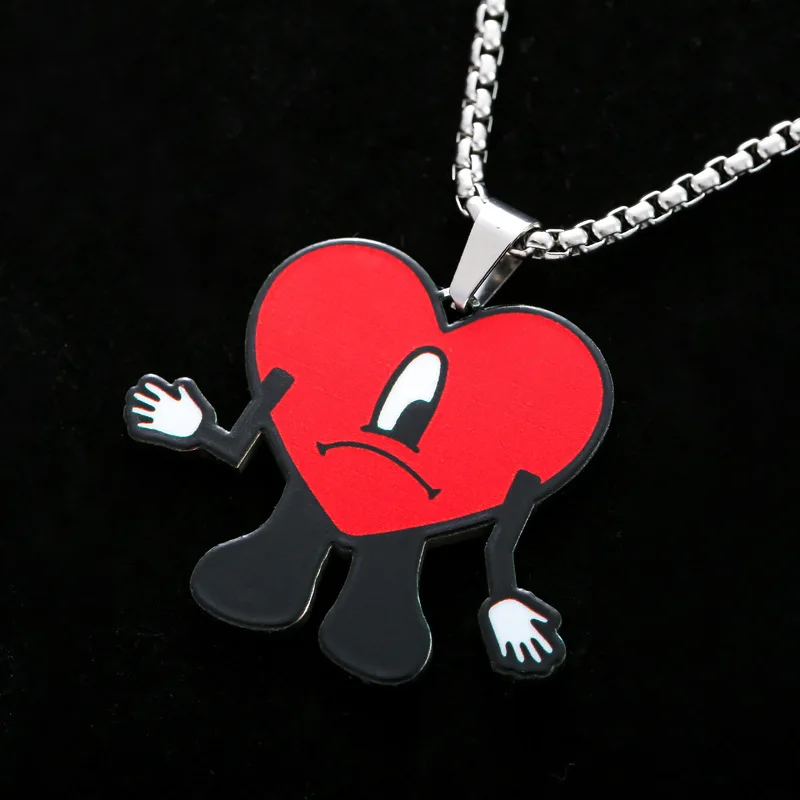 Hip Hop Trend Bad Bunny Necklace Cosplay Singer Rabbit Red Heart Pendant Neck Chain Cute Keychain Decoration Jewelry Accessories