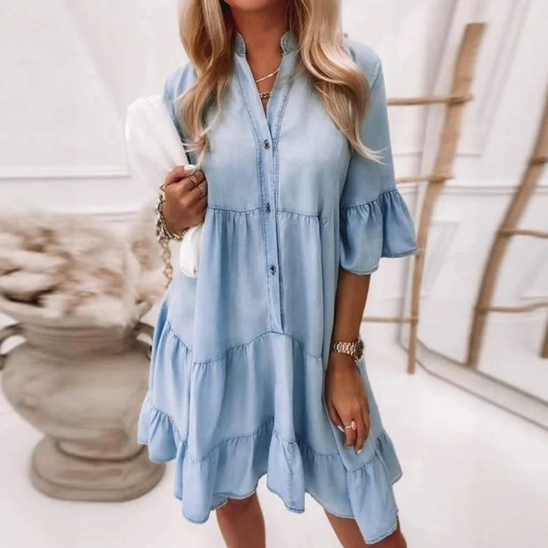 

Mid-length Denim Women's Dress New Solid Color Wash Cotton Five-quarter Sleeve A-line Mid-length Denim Dress Pleated Shirt Dress
