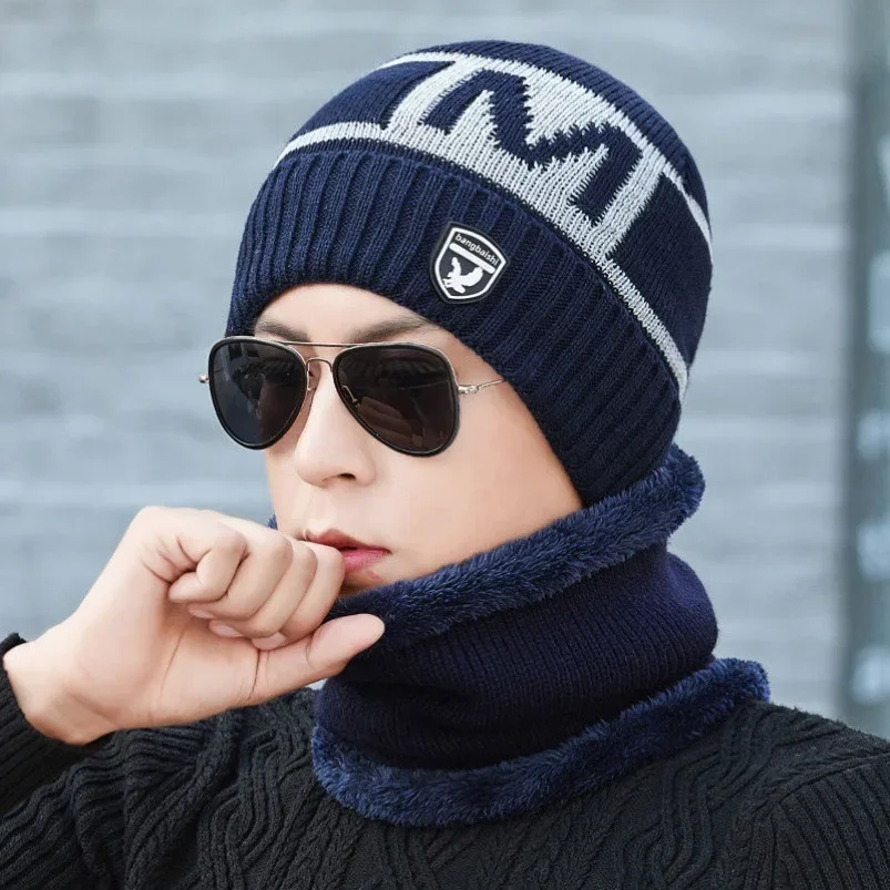 New Coral Fleece Scarf Hats Winter Beanies Soft For Mens Black Warm Breathable Wool Knitted  Thicken Winter Hat Two-piece Suit