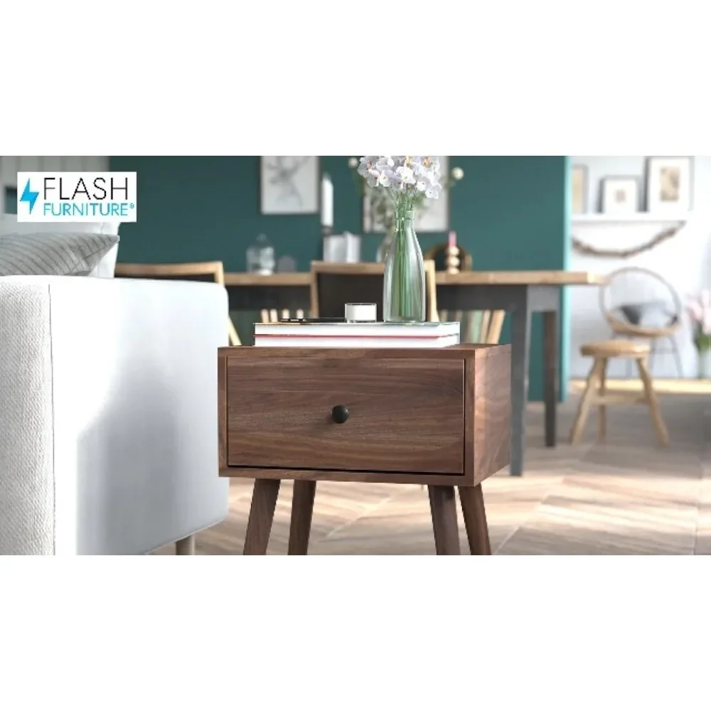 Hatfield Mid-Century Modern Wood Nightstand - Dark Walnut Wood Grain Finish- Soft Close Storage Drawer